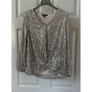 Sequin Long Sleeve Twist Front Top Size S